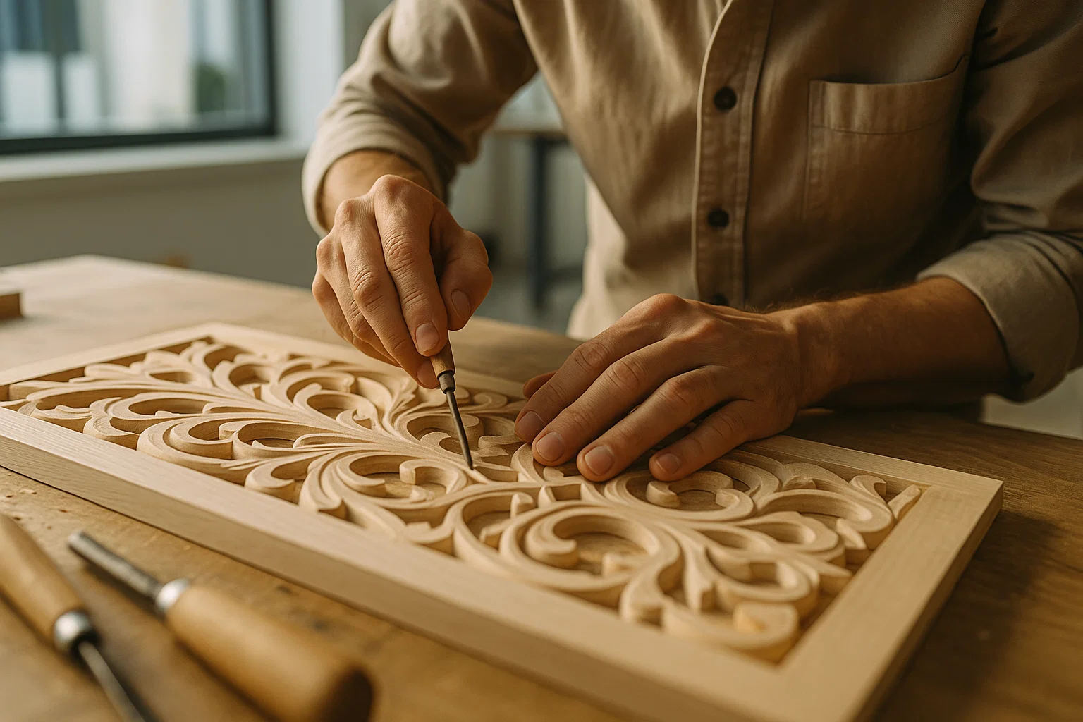 Close-up of an artisan creating detailed wooden art in a modern workshop, symbolizing craftsmanship and creativity.