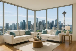 Modern Seattle apartment interior with skyline view, captured in bright natural light by professional real estate photography.