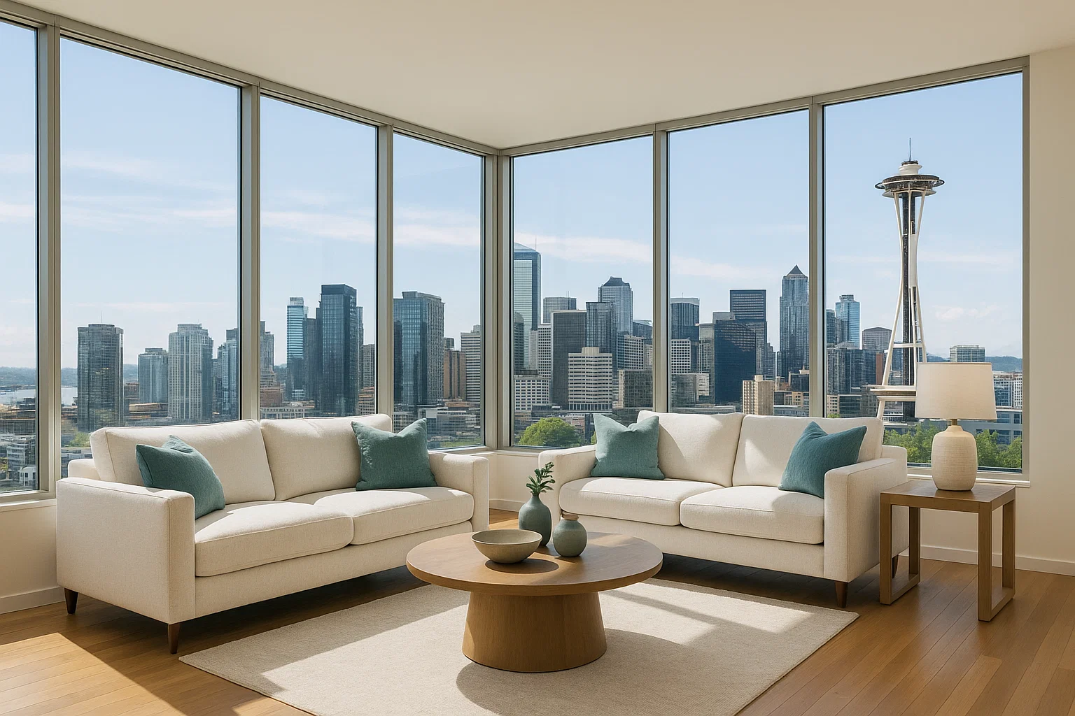 Modern Seattle apartment interior with skyline view, captured in bright natural light by professional real estate photography.