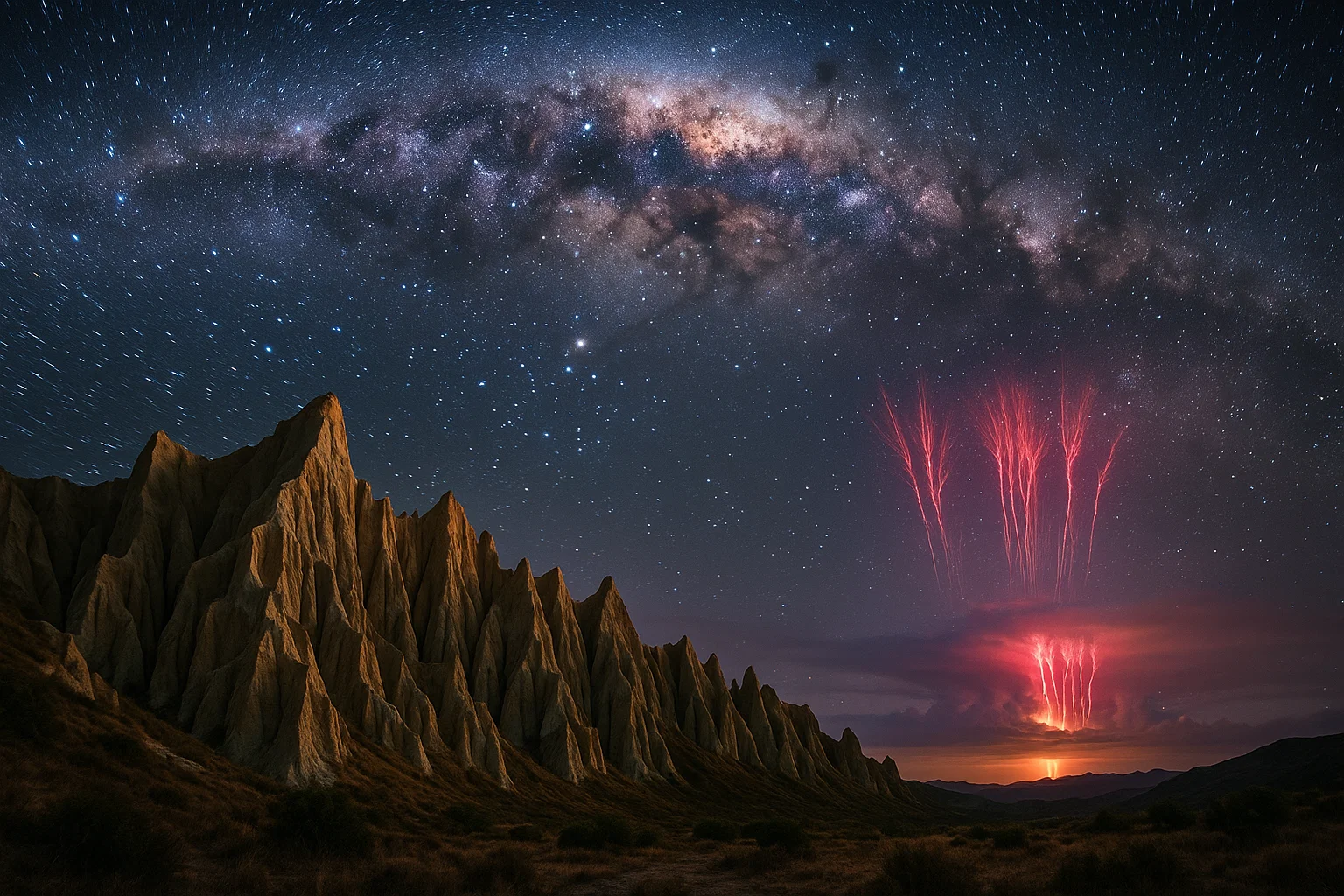 Rare red lightning sprites above New Zealand’s Milky Way night sky
