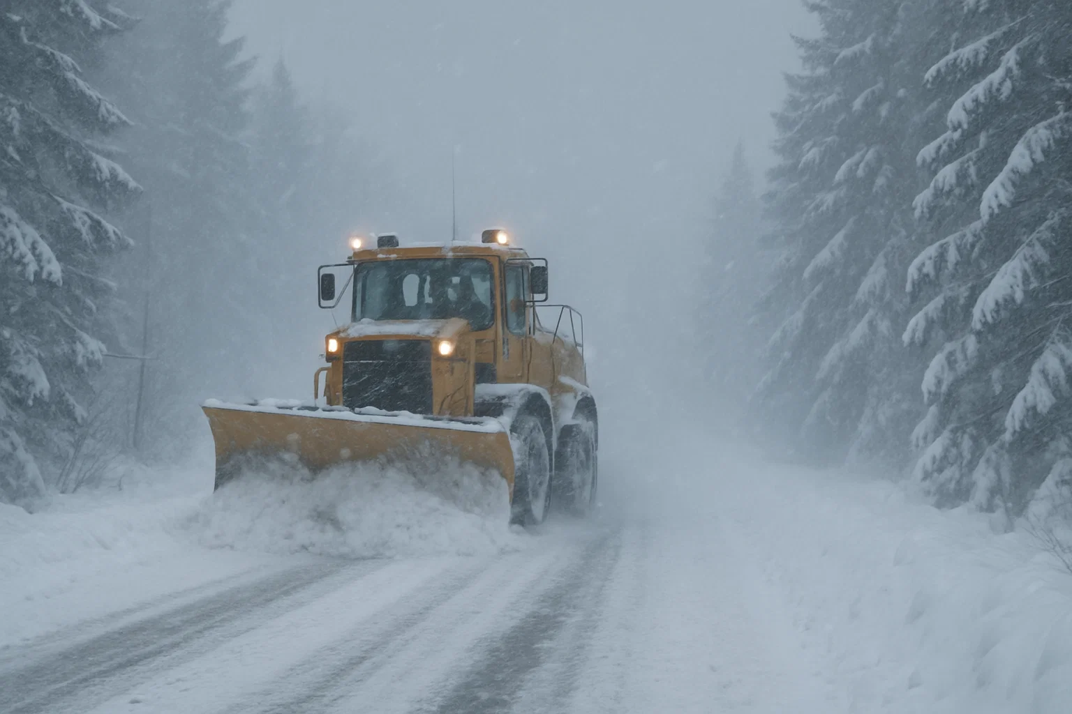 “A heavy snowstorm covers a rural road as a large yellow snowplow pushes through thick snow. Pine trees line both sides of the road, partly covered in fresh snow. The snowfall is dense and blowing sideways due to strong winds, creating a low-visibility winter atmosphere. The scene looks cold, dramatic, and realistic, with soft diffused lighting and a muted color palette.”