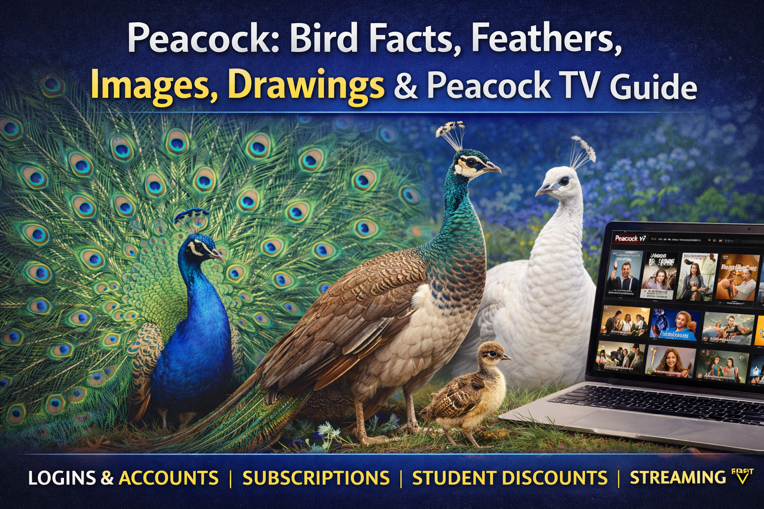 Digital news graphic showing a vibrant male peacock with fully spread feathers, a female peahen, a white peacock, and a baby peachick on grass. A laptop displays the Peacock TV streaming interface, highlighting logins, subscriptions, and student discounts, illustrating both the bird’s beauty and the streaming service.
