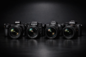 Nikon Fujifilm Canon and Sony mirrorless cameras displayed side by side for camera comparison in 2026