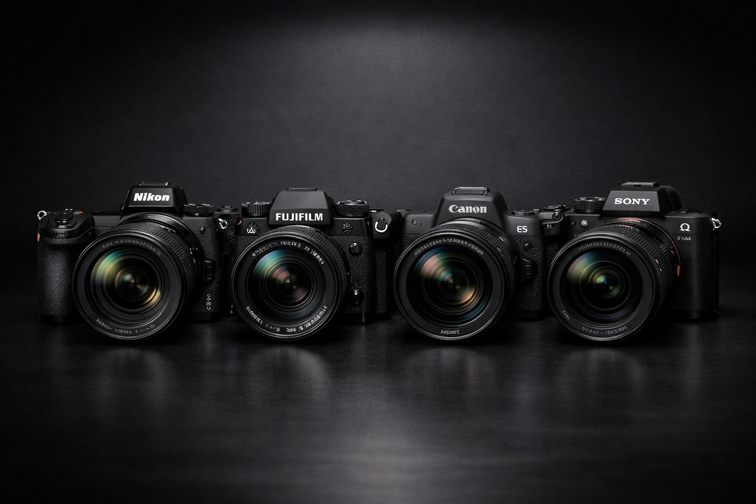 Nikon Fujifilm Canon and Sony mirrorless cameras displayed side by side for camera comparison in 2026