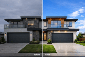 before and after real estate photo editing in Washington showing Photoshop enhancement of house exterior image