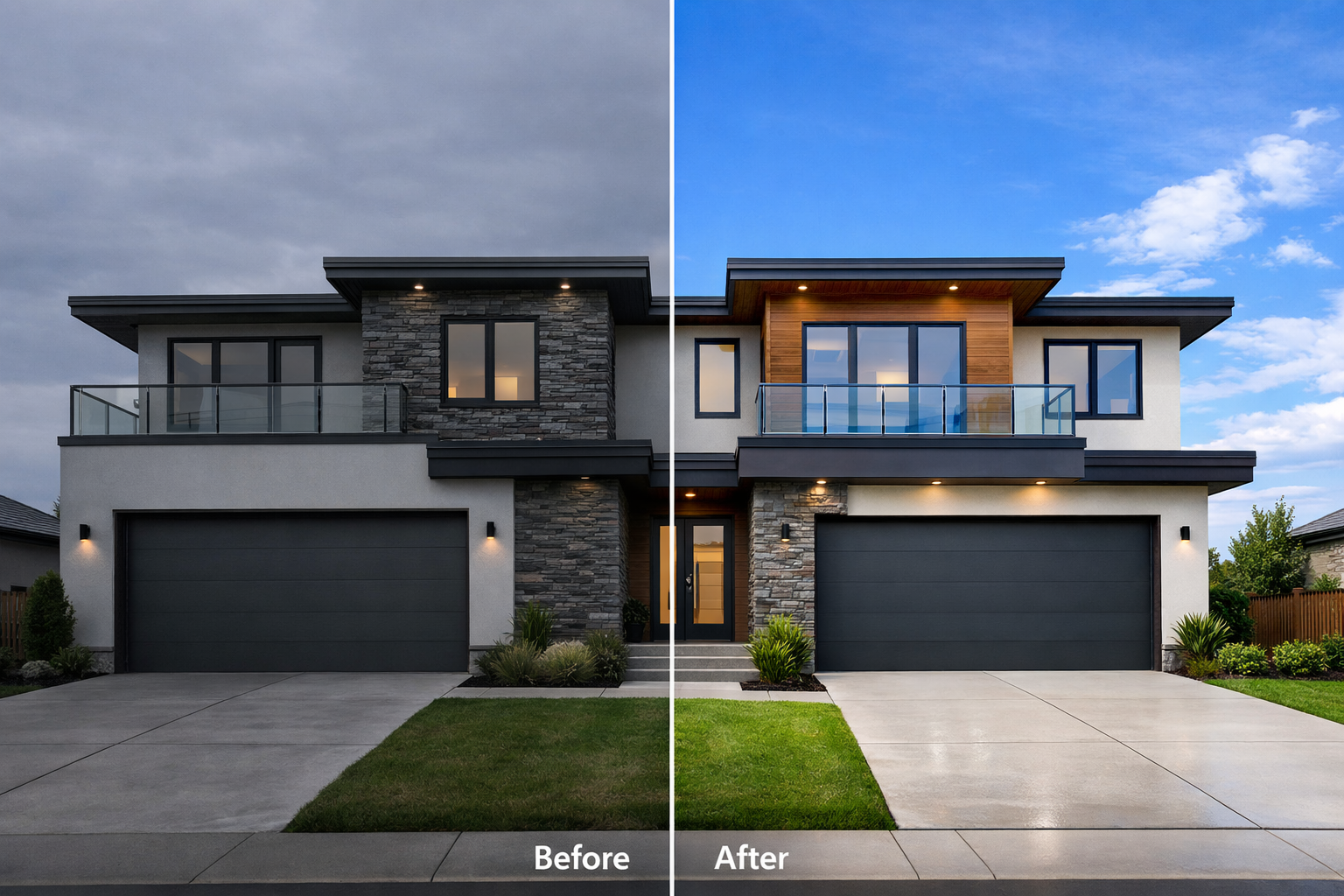 before and after real estate photo editing in Washington showing Photoshop enhancement of house exterior image
