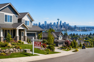 modern suburban houses in Washington with for sale sign and city skyline representing real estate market trends 2026