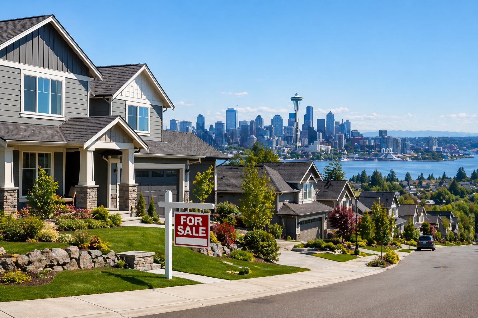 modern suburban houses in Washington with for sale sign and city skyline representing real estate market trends 2026