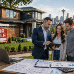 real estate project management in Washington showing agent and buyers reviewing property documents with for sale sign and house