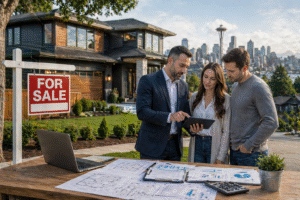 real estate project management in Washington showing agent and buyers reviewing property documents with for sale sign and house