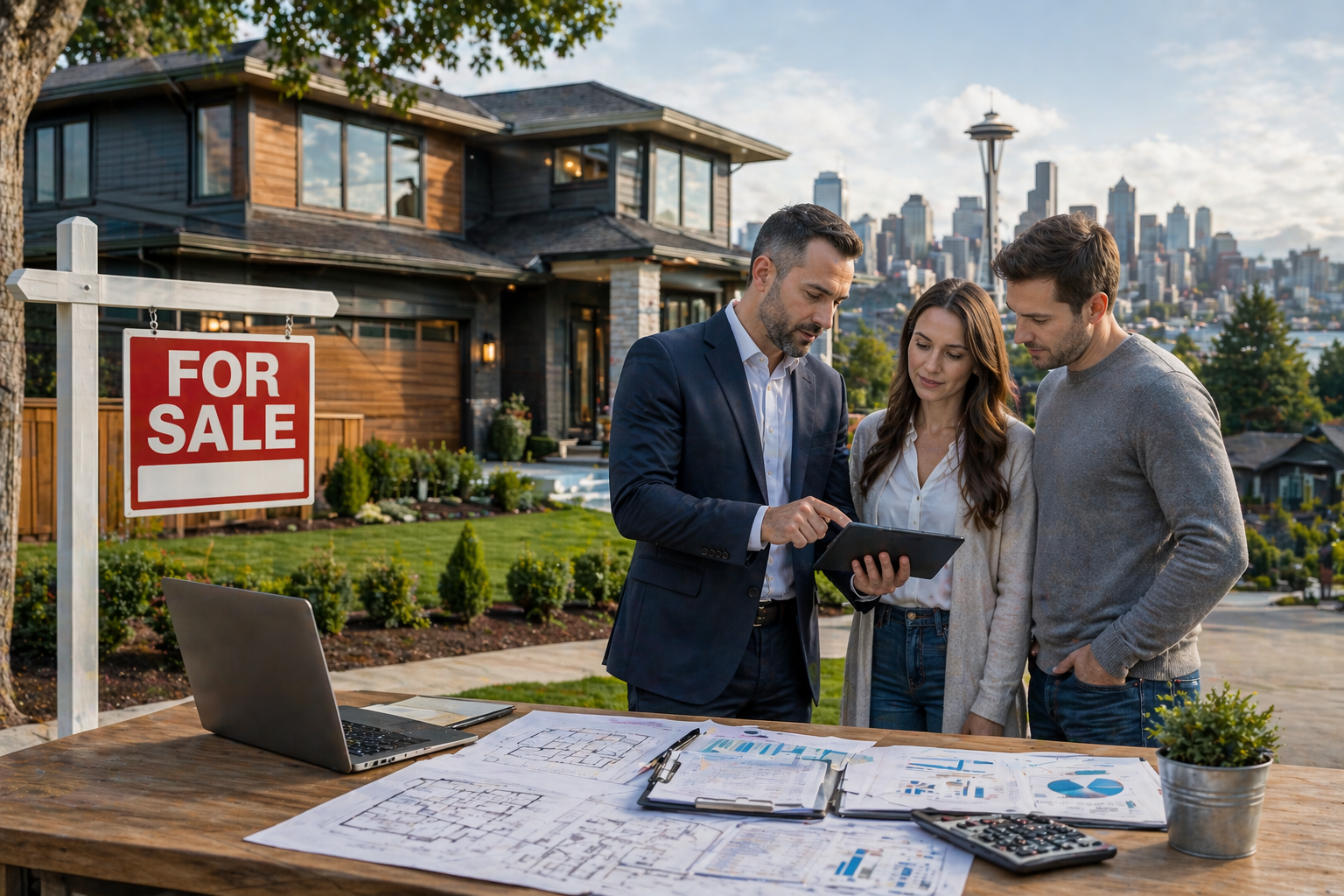 real estate project management in Washington showing agent and buyers reviewing property documents with for sale sign and house