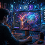 AI art creation workspace with computer generating digital artwork using artificial intelligence tools and neural network interface