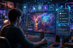 AI art creation workspace with computer generating digital artwork using artificial intelligence tools and neural network interface