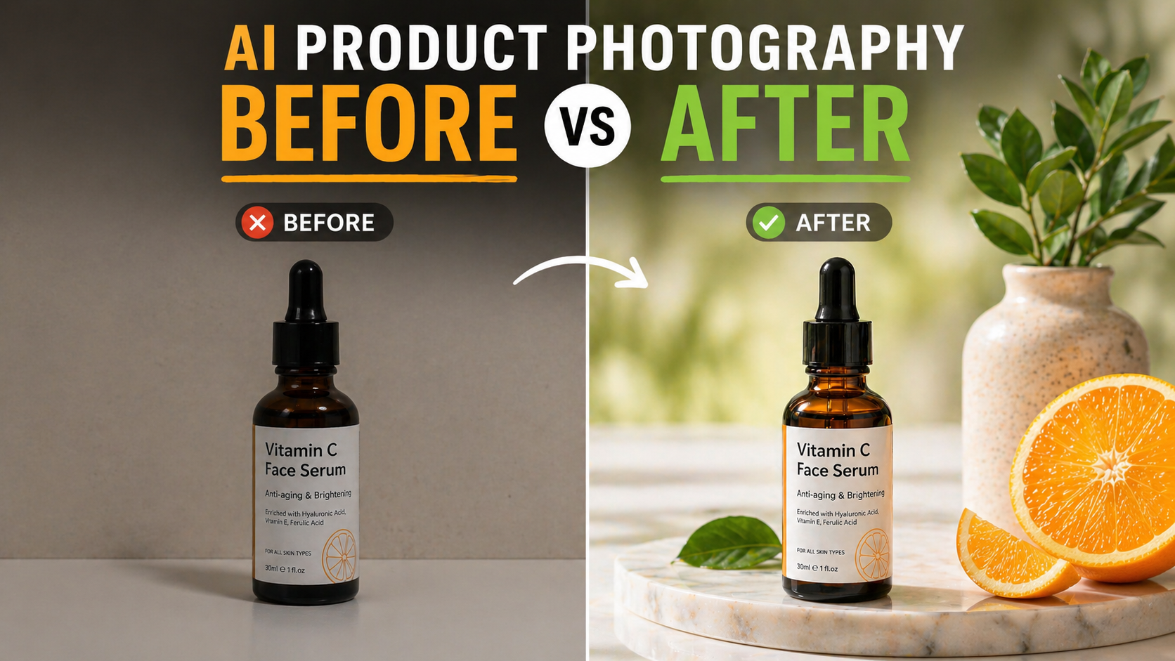 AI product photography before and after comparison showing improved lighting background and professional product image editing