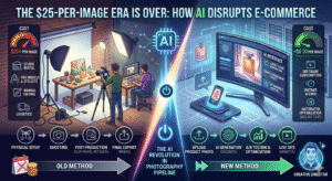 "Infographic comparing traditional e-commerce photography versus AI-driven pipeline. Left side shows 'Old Method' with high costs ($25+), studio rentals, and manual editing. Right side shows 'New Method' with AI generation, lower costs (