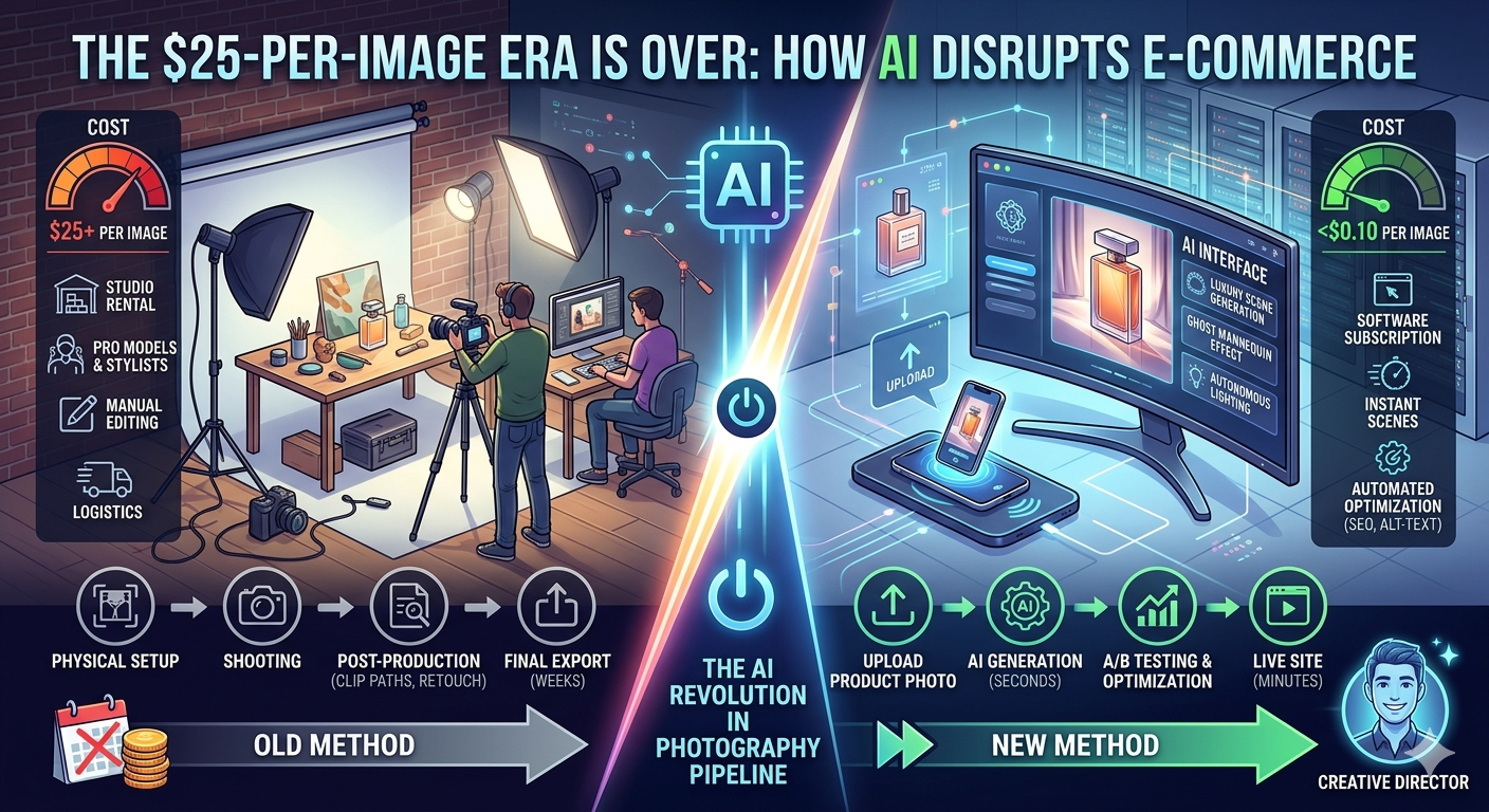 "Infographic comparing traditional e-commerce photography versus AI-driven pipeline. Left side shows 'Old Method' with high costs ($25+), studio rentals, and manual editing. Right side shows 'New Method' with AI generation, lower costs (