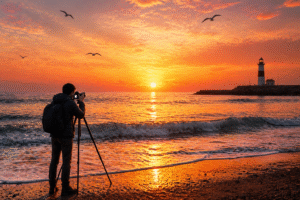 Ocean photography capturing a sunset scene with a photographer standing by the shore, capturing the beauty of the sea and lighthouse.
