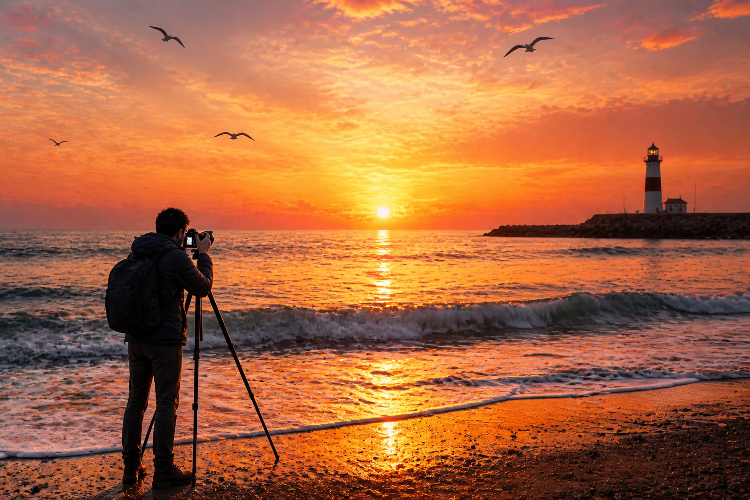 Ocean photography capturing a sunset scene with a photographer standing by the shore, capturing the beauty of the sea and lighthouse.