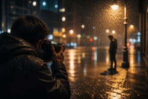 A striking moment frozen in time: A photographer is seen shooting a lone subject standing under a flickering streetlamp in the rain. The background features vibrant bokeh lights that provide a cinematic touch, while the focus remains on the subject's solitude, enhanced by the reflections on the wet pavement. This image perfectly illustrates how film-style photography can capture deep emotional moments, blending technical skill and creative composition in a real-world urban environment.