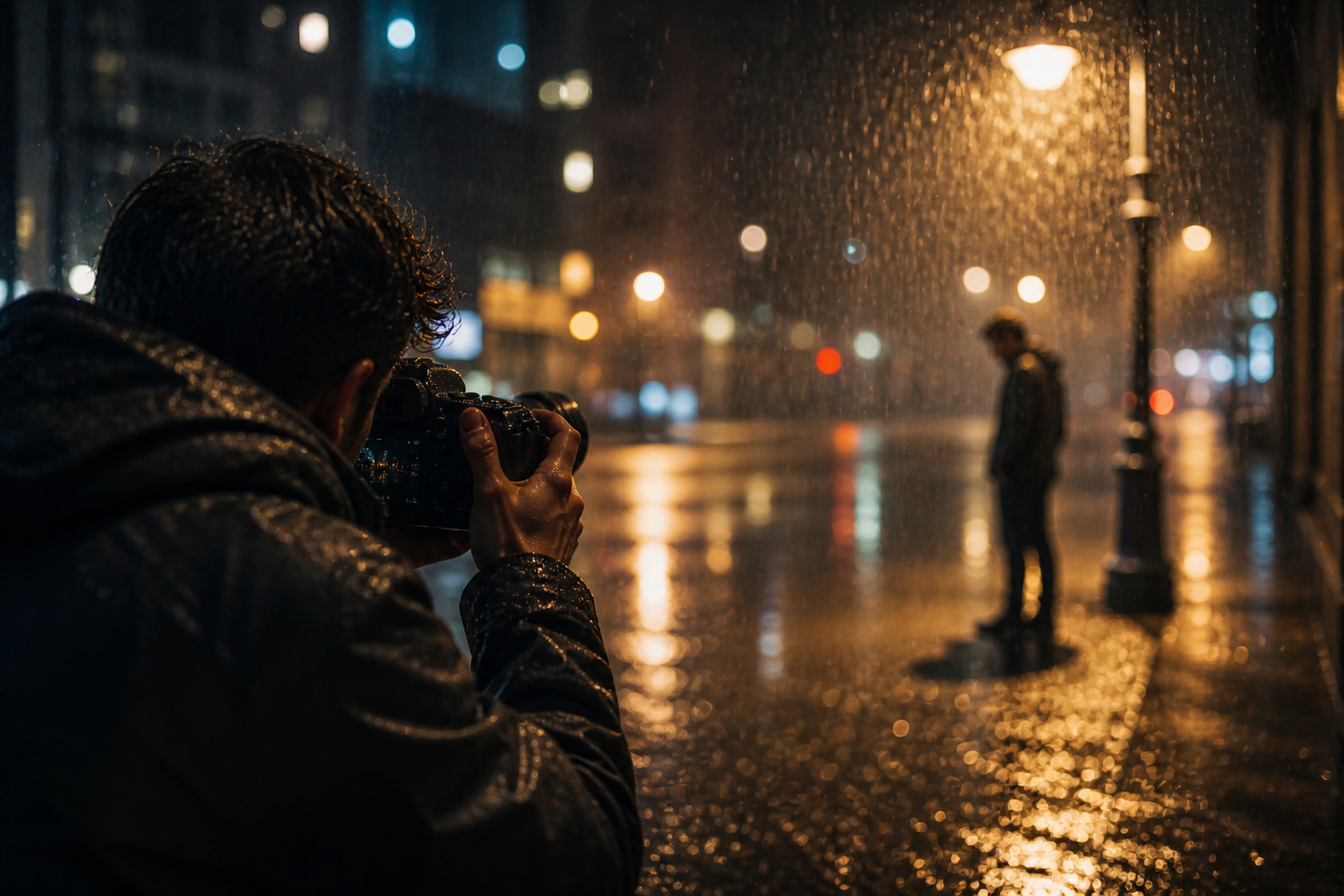 A striking moment frozen in time: A photographer is seen shooting a lone subject standing under a flickering streetlamp in the rain. The background features vibrant bokeh lights that provide a cinematic touch, while the focus remains on the subject's solitude, enhanced by the reflections on the wet pavement. This image perfectly illustrates how film-style photography can capture deep emotional moments, blending technical skill and creative composition in a real-world urban environment.