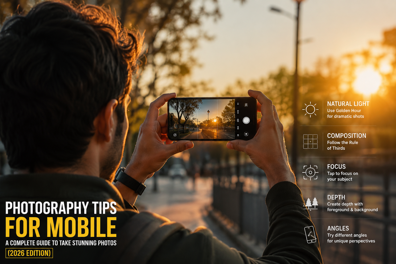 A young photographer capturing a sunset photo on a smartphone during golden hour on a city street with trees and warm natural lighting