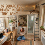 Small micro-apartment interior in Paris showing compact bed, kitchenette, and minimalist tiny living design.