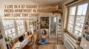 Small micro-apartment interior in Paris showing compact bed, kitchenette, and minimalist tiny living design.